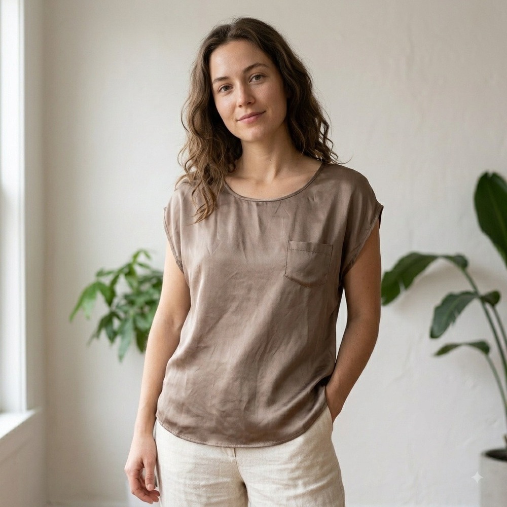Pure Collection Womens Top 2 Brown Short Sleeve Pocket Silk Minimalist Luxury
